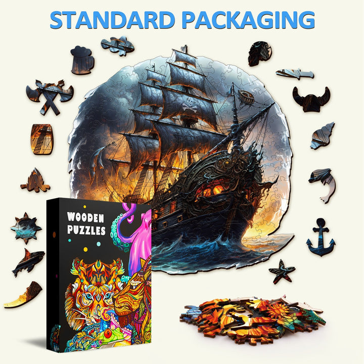 Wooden jigsaw puzzle featuring a sailing ship, unique shaped pieces, vibrant colors, and intricate designs.