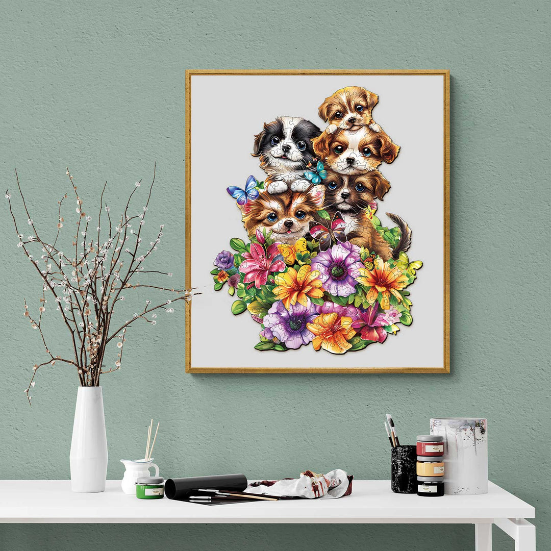 Cute wooden puzzle featuring adorable dogs surrounded by colorful flowers, perfect for mind games and enhancing focus.
