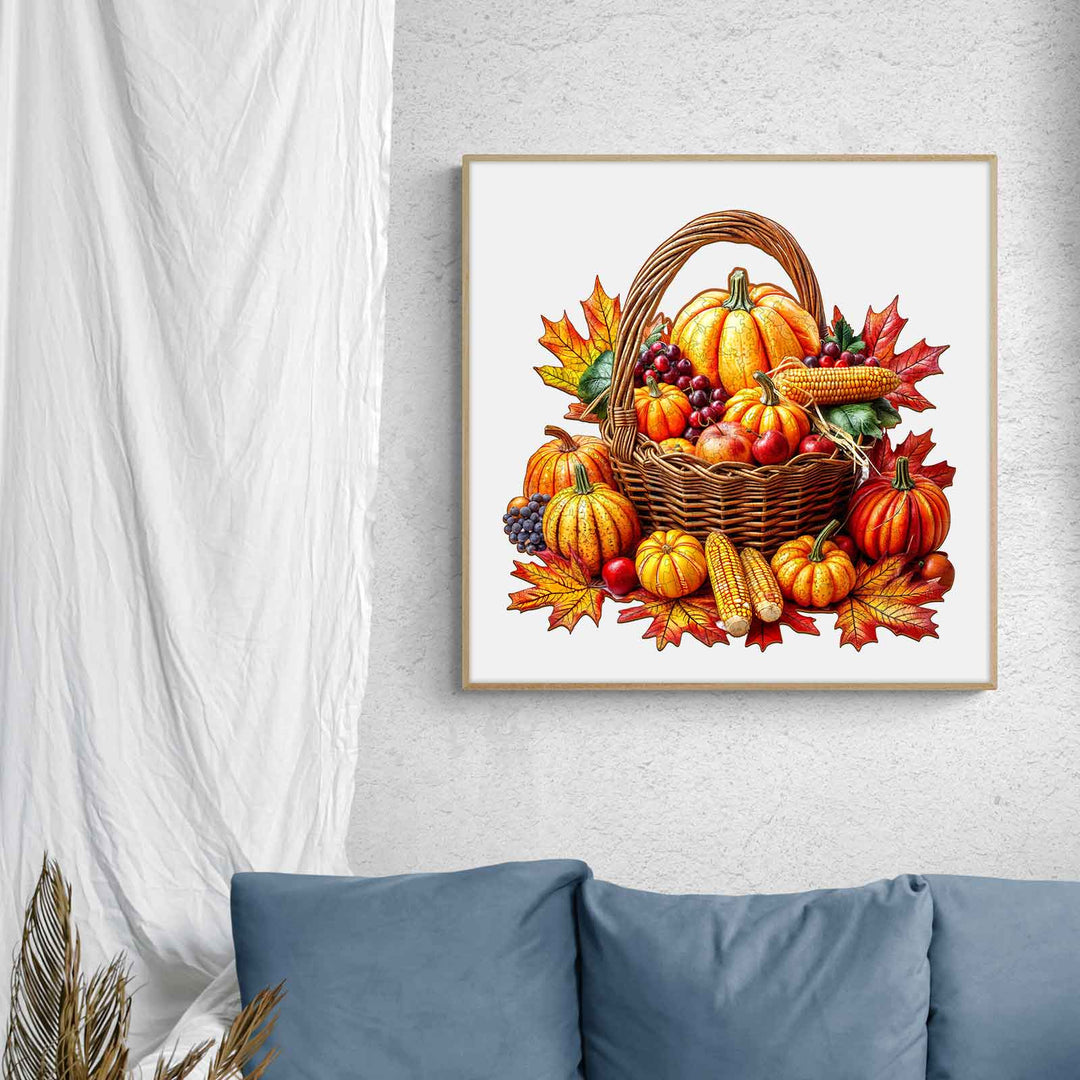 Colorful autumn harvest basket featuring pumpkins, corn, and leaves, perfect for seasonal decor.