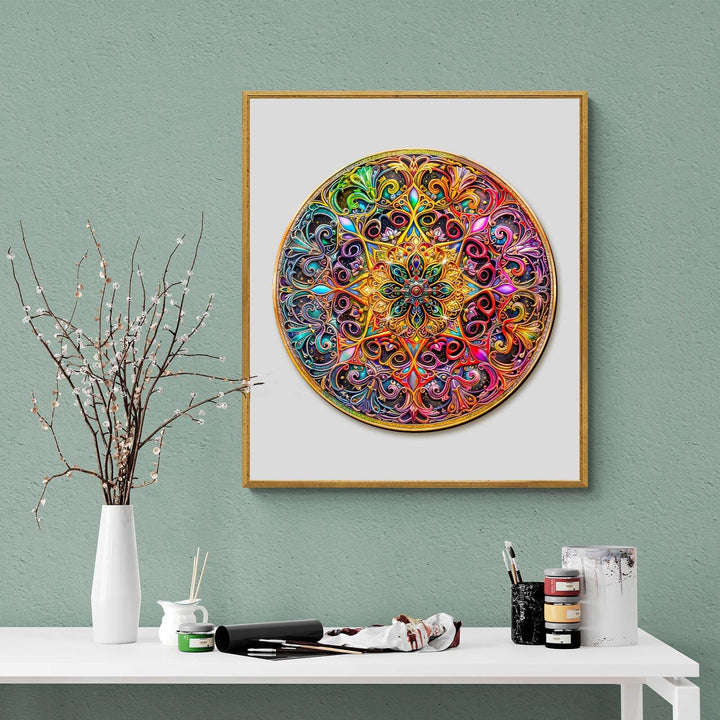 Mandala Dreamland colorful wooden jigsaw puzzle art displayed on a green wall with decorative items.