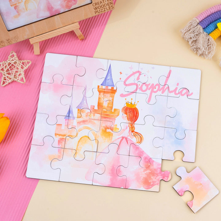 Custom wooden jigsaw puzzle featuring a princess and castle, personalized with the name 'Sophia' in pastel colors.