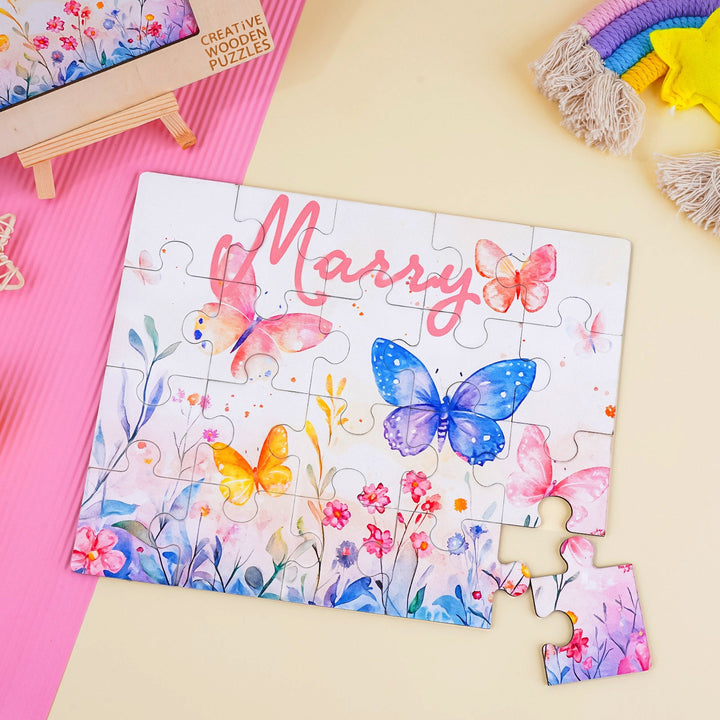 Custom wooden jigsaw puzzle featuring colorful butterflies and flowers, personalized with the name 'Marry'.