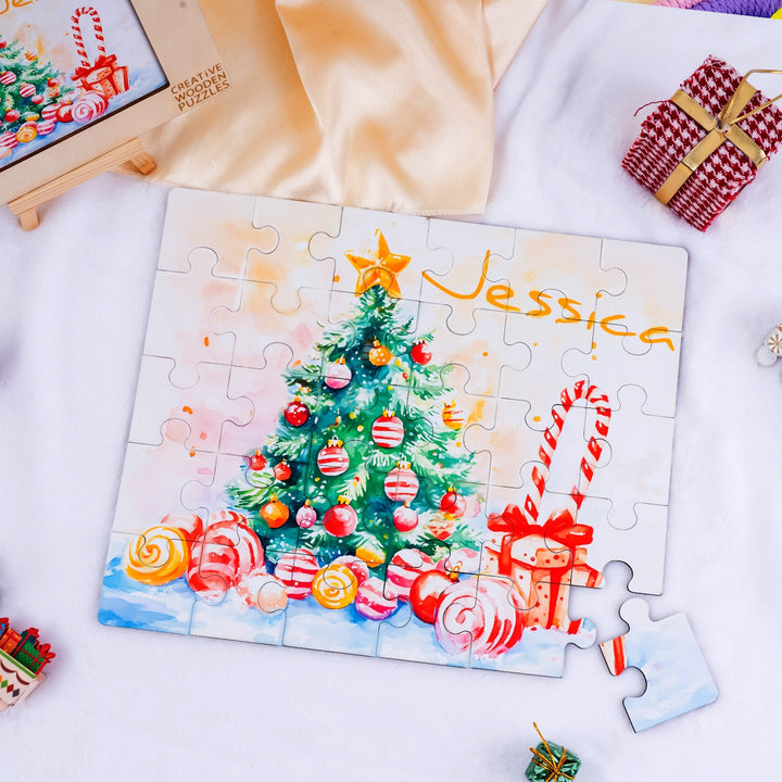 Custom wooden jigsaw puzzle with Christmas tree and ornaments featuring the name Jessica.