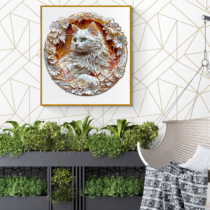 3D Cat-2 wooden jigsaw puzzle displayed in a stylish interior, featuring intricate floral designs and a vibrant cat portrait.