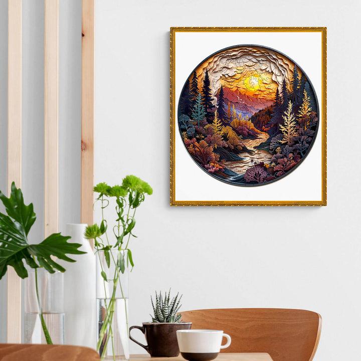 3D Sunset Forest wooden jigsaw puzzle artwork displayed in a cozy modern living room with plants.