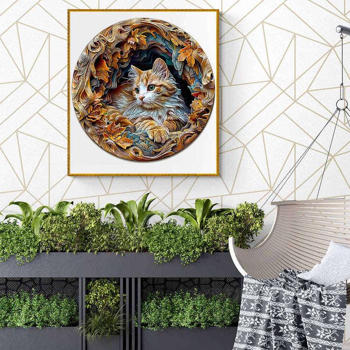 3D Cat wooden jigsaw puzzle artwork displayed in a modern living room setting with plants and a cozy chair.