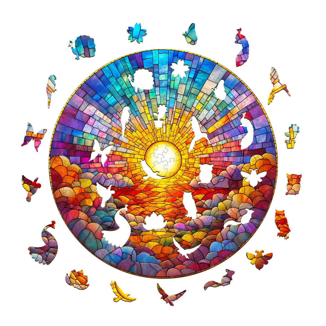 Colorful Stained Glass Rainbow Jigsaw Puzzle with varied shapes and patterns, perfect for enhancing focus and cognitive skills.