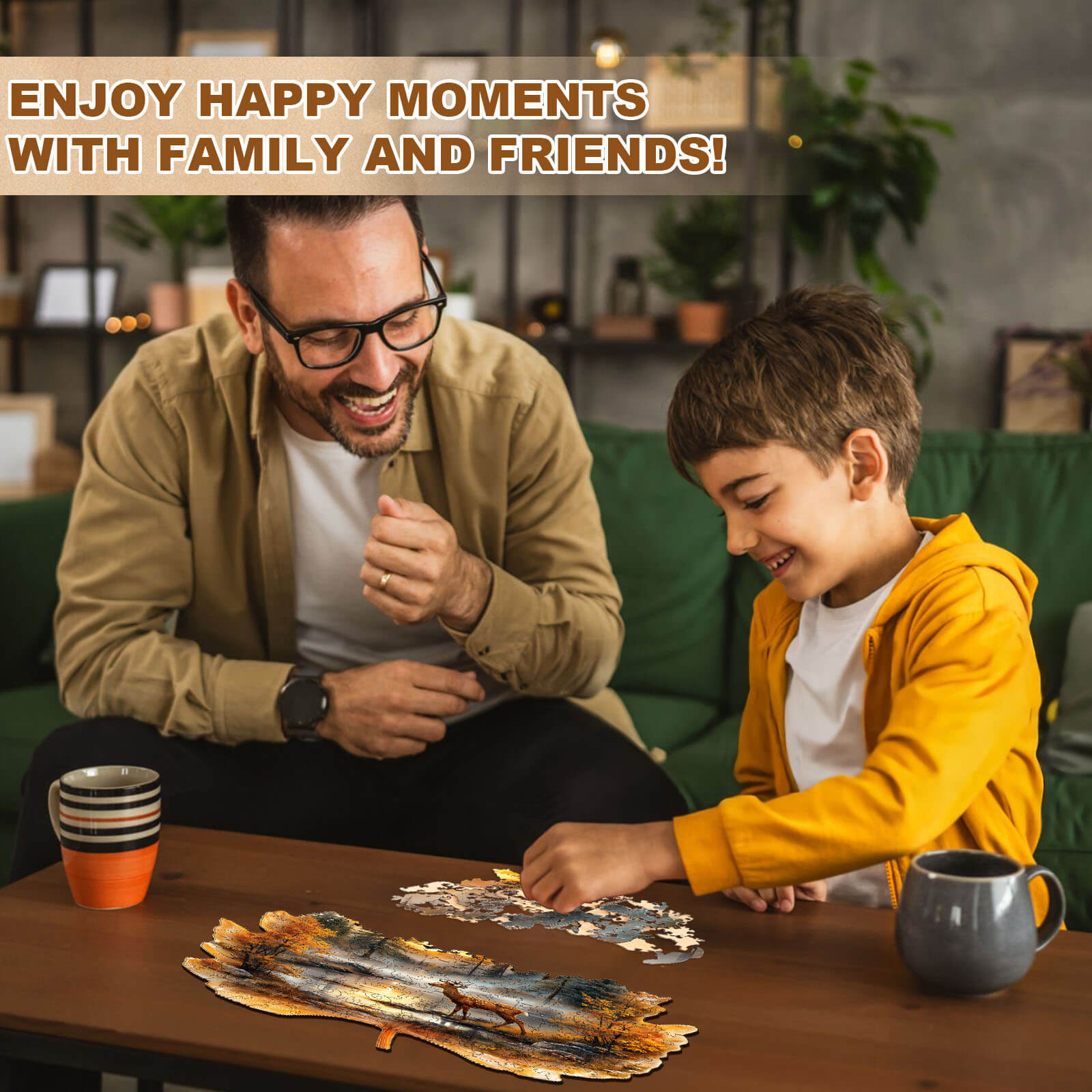 Father and son enjoying puzzle time together, creating joyful memories with the Golden Hoofprint Wooden Jigsaw Puzzle.