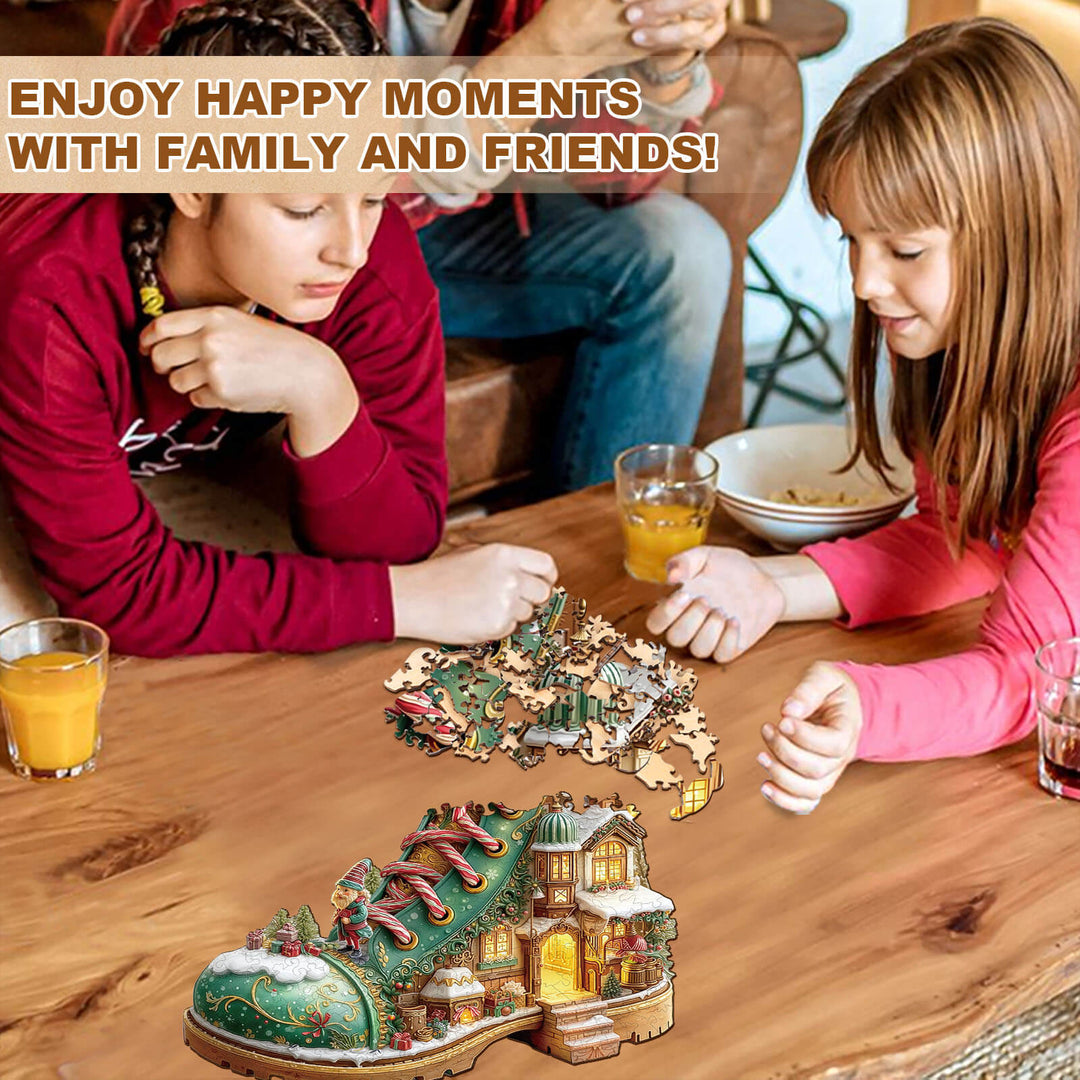 Weihnachts-Schneestiefelhütte Holzpuzzle