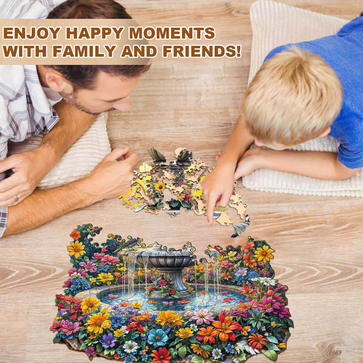 A father and son enjoying happy moments together while assembling the Songbird¡¯s Garden wooden jigsaw puzzle.