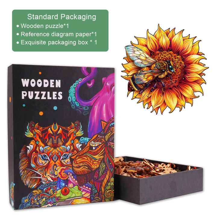 Bee and Sunflower Wooden Jigsaw Puzzle packaging with colorful design, showcasing puzzle pieces and exquisite box.