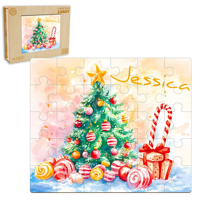 Custom wooden jigsaw puzzle featuring a Christmas tree, candy canes, and personalized with the name Jessica.