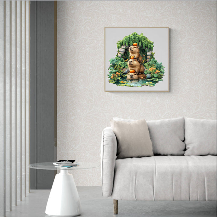 Capybara wooden jigsaw puzzle art displayed above a modern couch, featuring vibrant greenery and playful design.