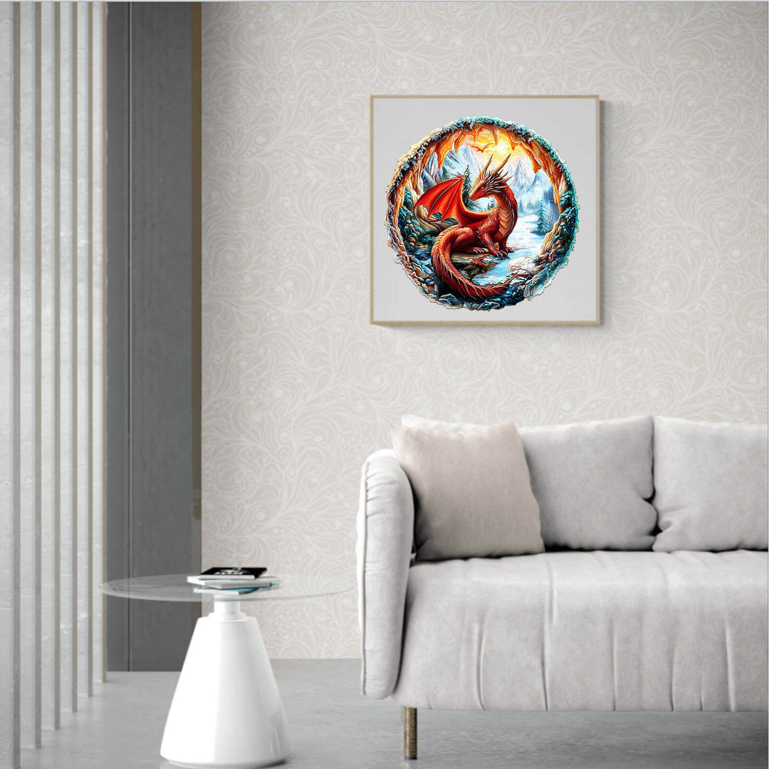 3D crimson dragon artwork in a cozy living room setting, showcasing mythical design and vibrant colors.