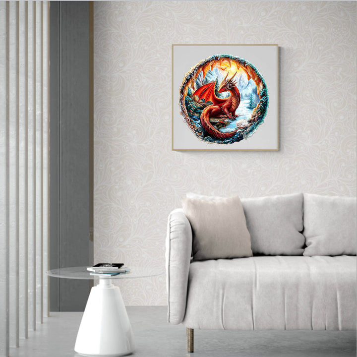3D crimson dragon artwork in a cozy living room setting, showcasing mythical design and vibrant colors.