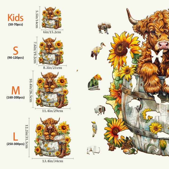 Colorful Sunflower Pasture-2 Wooden Jigsaw Puzzle sizes S, M, and L with cheerful cow and sunflower design.