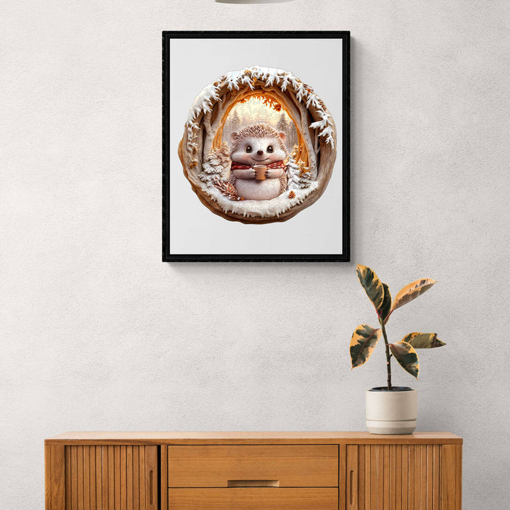 3D Cave Hedgehog wooden jigsaw puzzle displayed in a cozy setting, enhancing focus and cognitive skills.