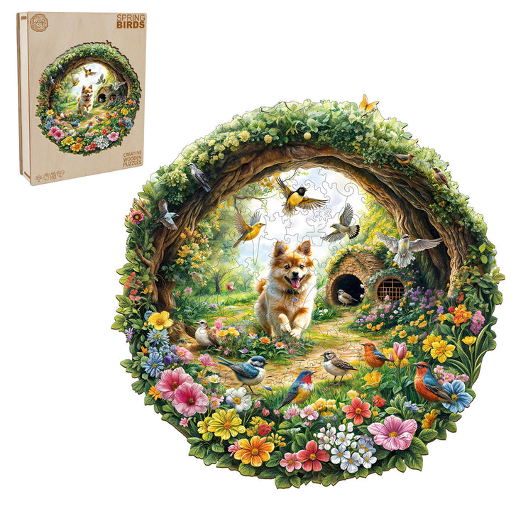 Colorful Spring Birds wooden jigsaw puzzle featuring a playful corgi in a flower-filled forest scene.