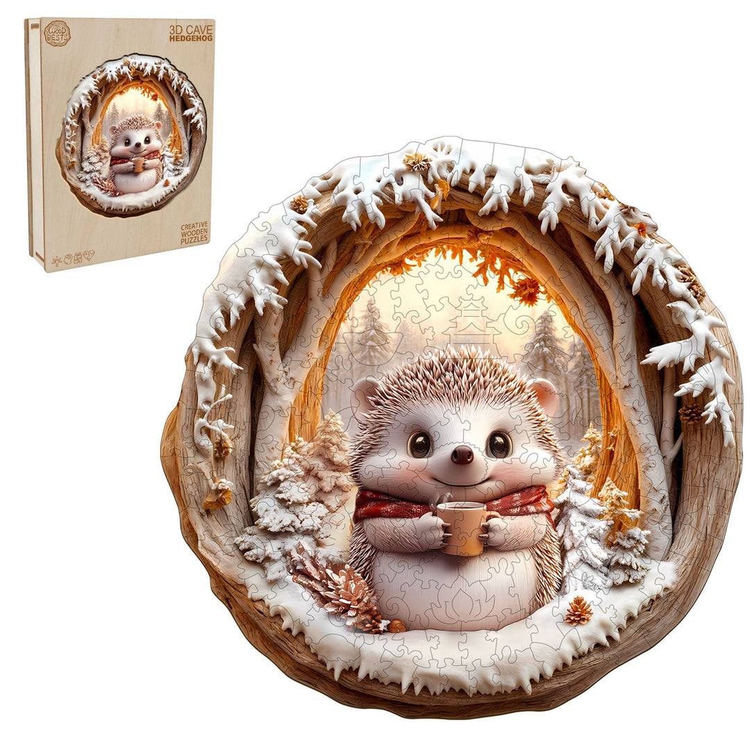 3D Cave Hedgehog wooden jigsaw puzzle featuring a cute hedgehog in a snowy cave setting, perfect for brain training and fun.