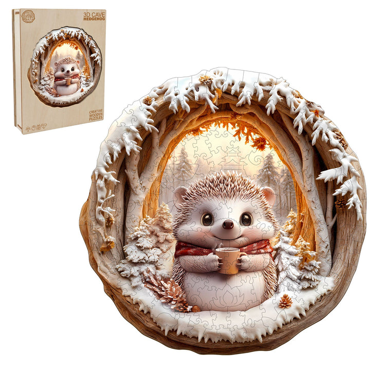 3D Cave Hedgehog wooden jigsaw puzzle featuring a cute hedgehog in a snowy cave setting, perfect for brain training and fun.