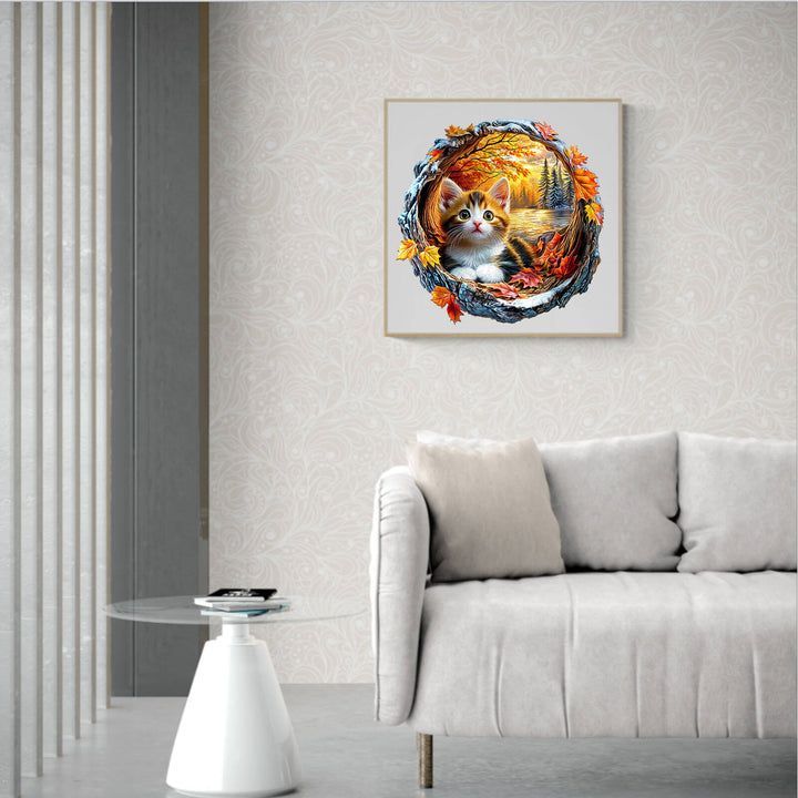 3D Kitten in Autumn wooden jigsaw puzzle displayed in a chic living room setting with a modern couch.