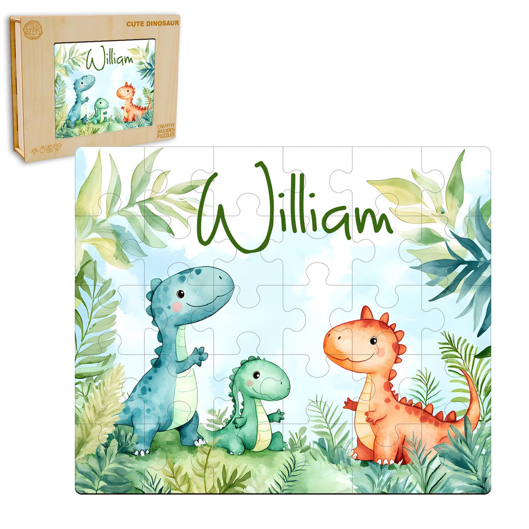 Personalized wooden jigsaw puzzle featuring colorful dinosaurs and the name William, set in a lush, prehistoric background.