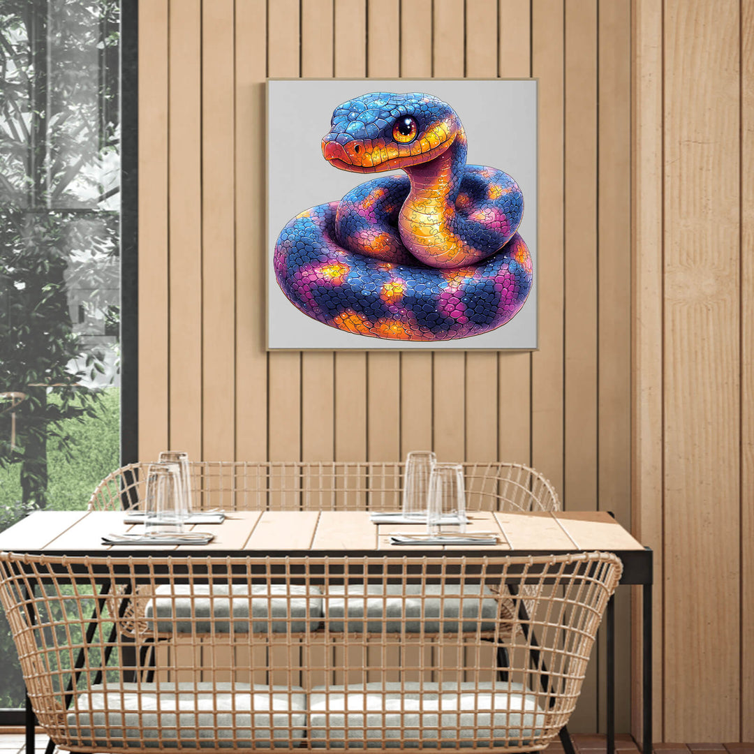 Colorful snake jigsaw puzzle artwork displayed on a wall in a modern dining space, promoting mind engagement and focus.