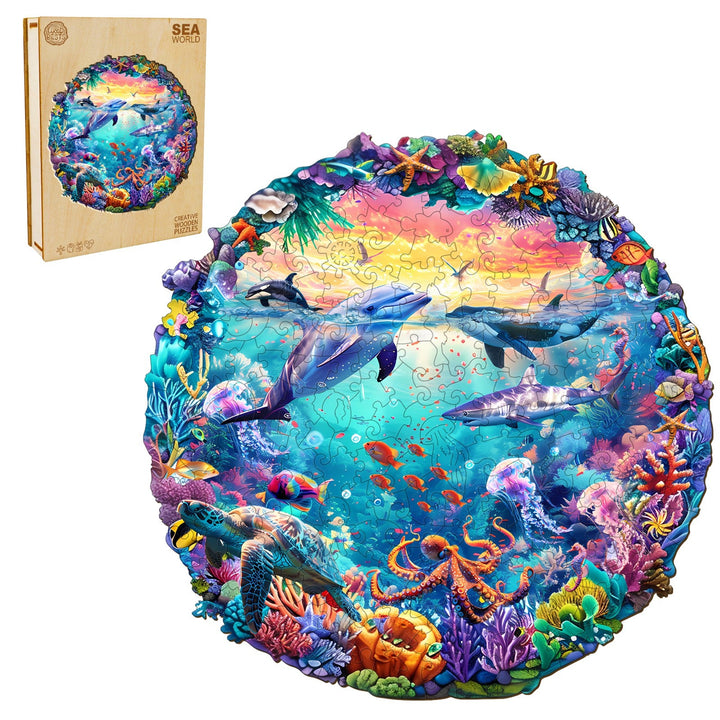 Colorful Sea World wooden jigsaw puzzle featuring dolphins and vibrant marine life in a circular design.