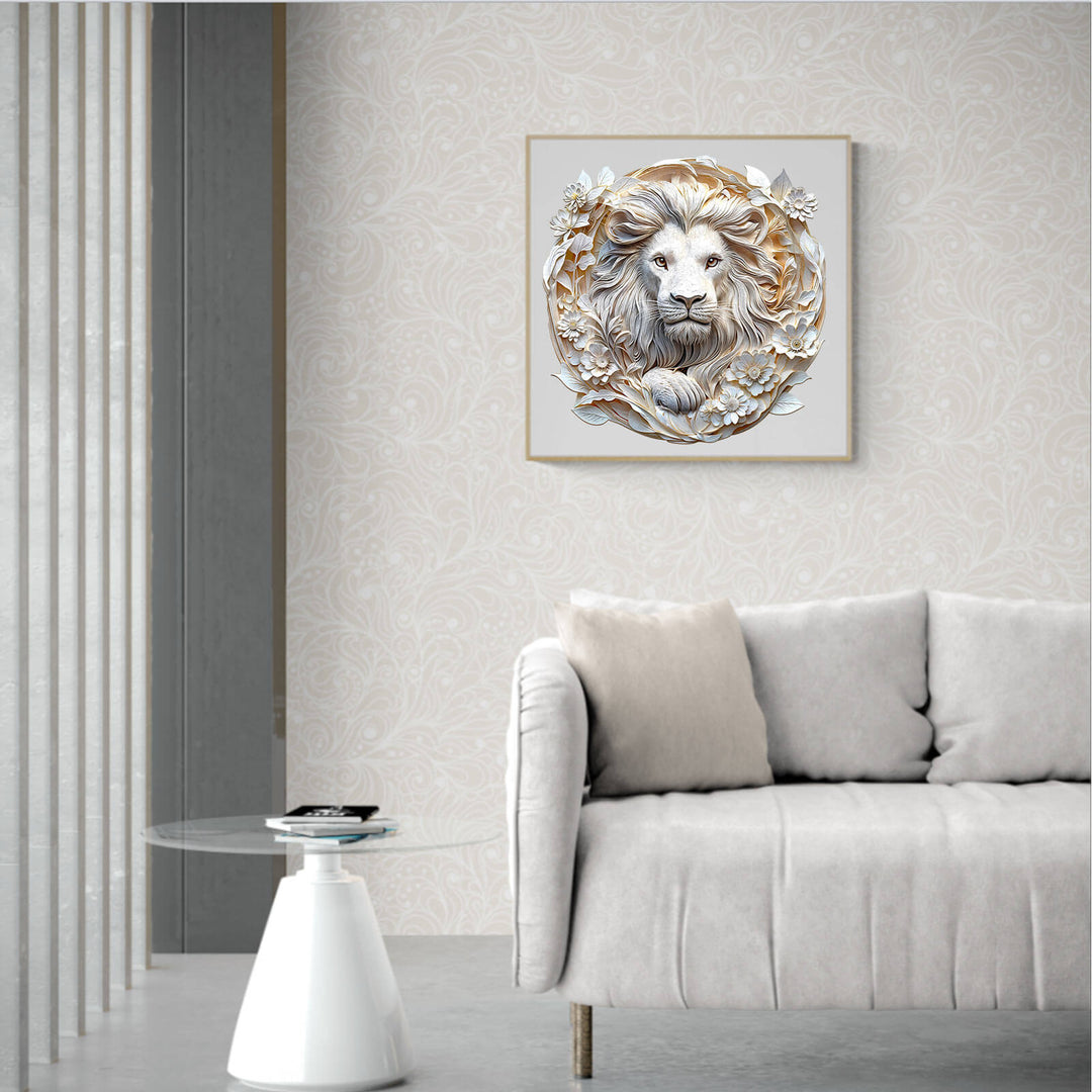 3D paper lion wall art in modern living room, showcasing sleek design and origami-inspired details.