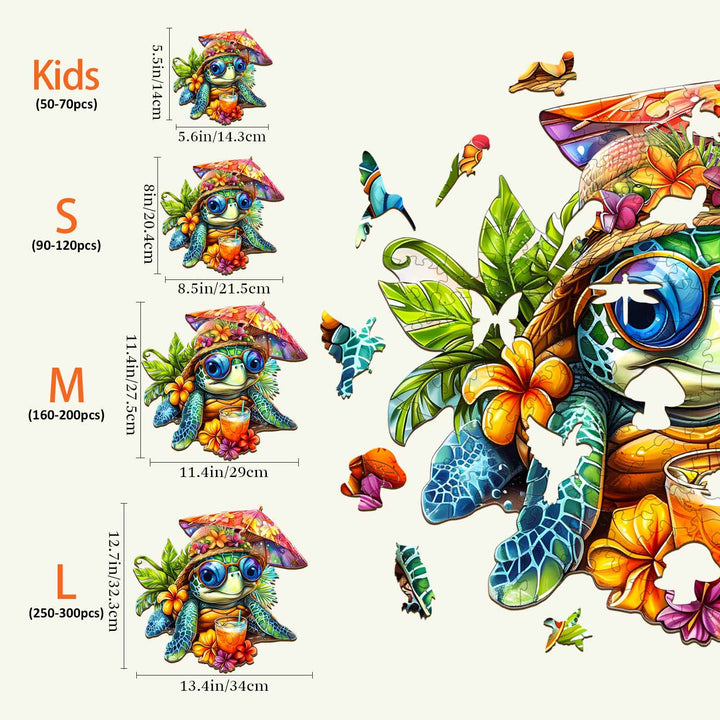 Beach Turtle Wooden Jigsaw Puzzle sizes: Kids, S, M, and L with dimensions and colorful design.