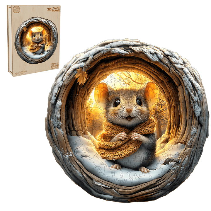 3D Cave Mouse Wooden Jigsaw Puzzle, showcasing a cute mouse in a cozy wooden nest, perfect for puzzle enthusiasts.