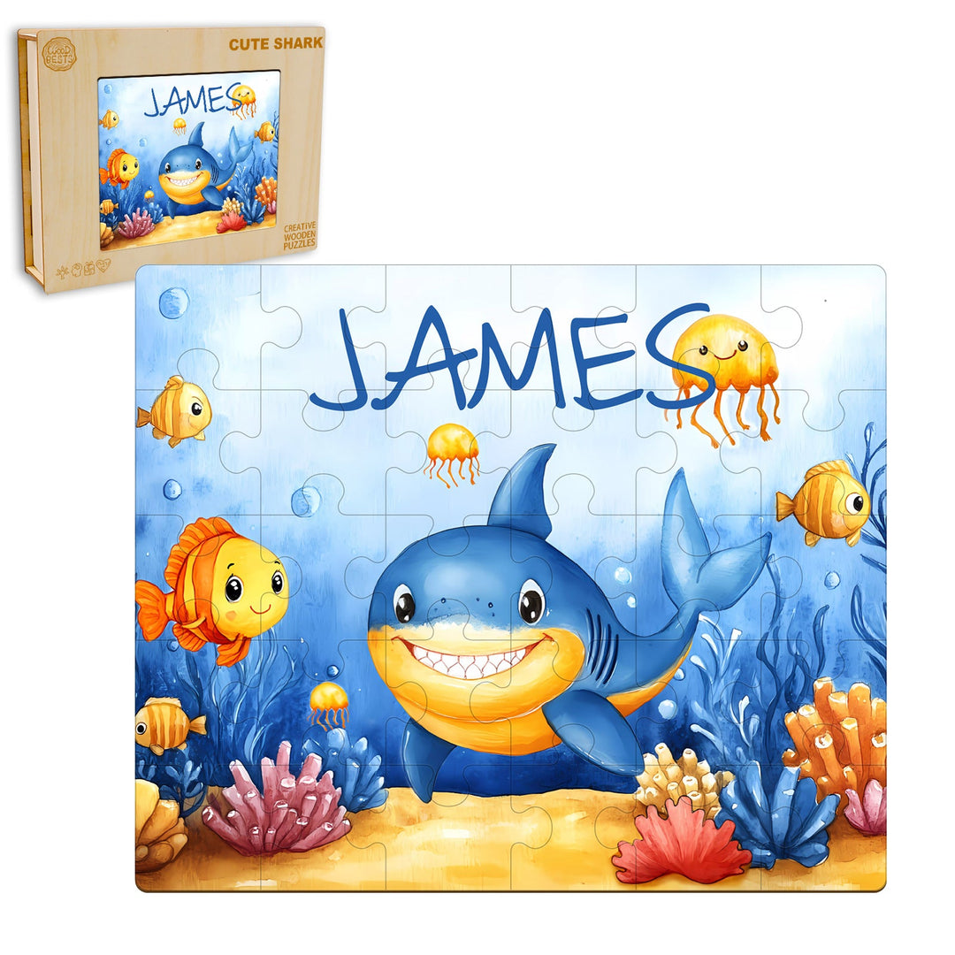 Children's custom name wooden jigsaw puzzle featuring a smiling shark and colorful sea creatures, personalized with the name 'James'.