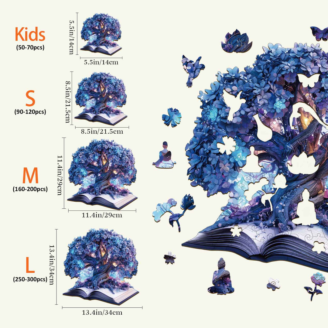 Magic Book Wooden Jigsaw Puzzle sizes and pieces chart, showcasing Kids, S, M, and L options with colorful tree illustration.