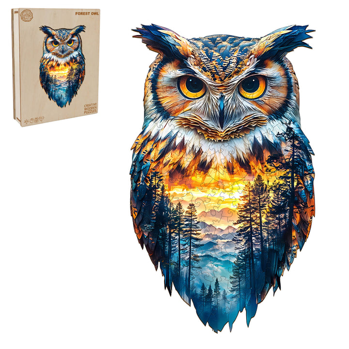 Forest Owl Wooden Jigsaw Puzzle featuring vibrant colors and intricate design, designed to enhance focus and mental skills.