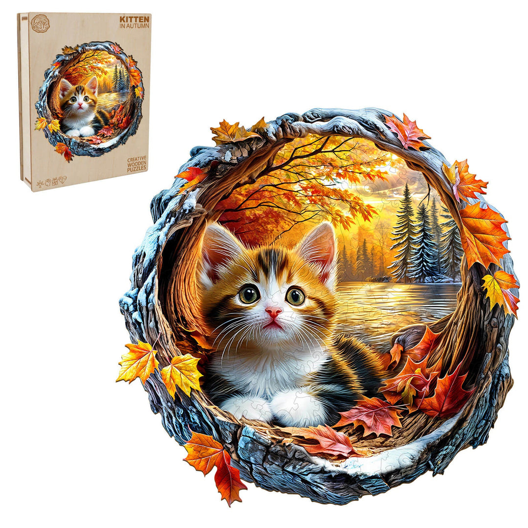 3D Kitten in Autumn jigsaw puzzle showcasing a cute kitten surrounded by fall leaves and a serene landscape.