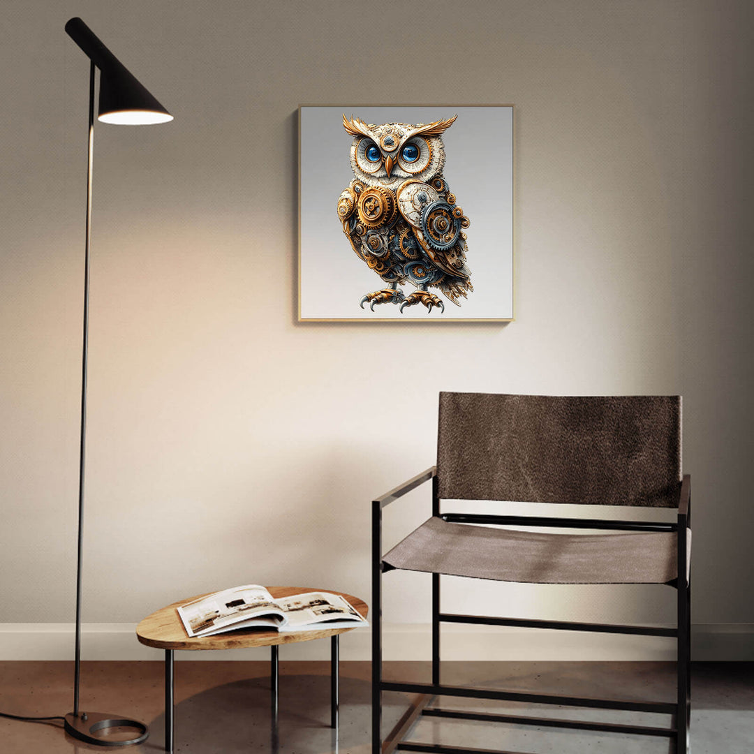 Mechanical owl wooden jigsaw puzzle art displayed in a modern living room setting with stylish furniture.
