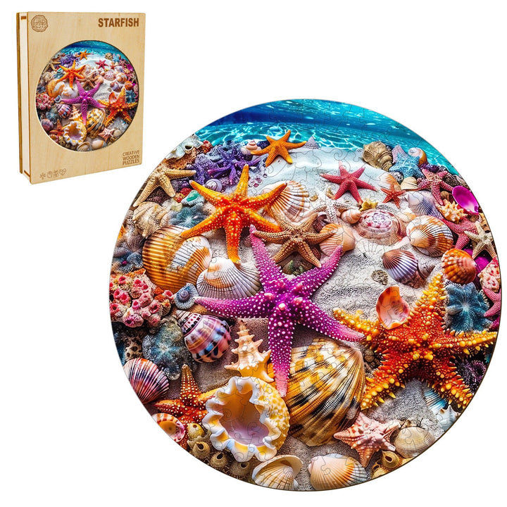 Starfish wooden jigsaw puzzle featuring vibrant starfish and seashells, ideal for mind games and enhancing focus.
