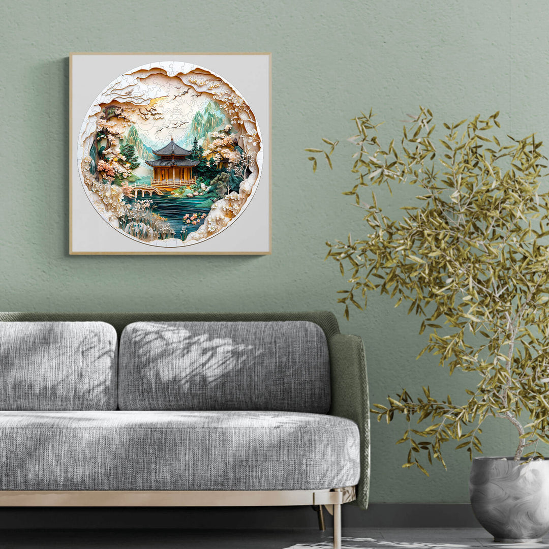 3D Chinese landscape painting jigsaw puzzle displayed above a modern sofa, enhancing home decor with artistic charm.