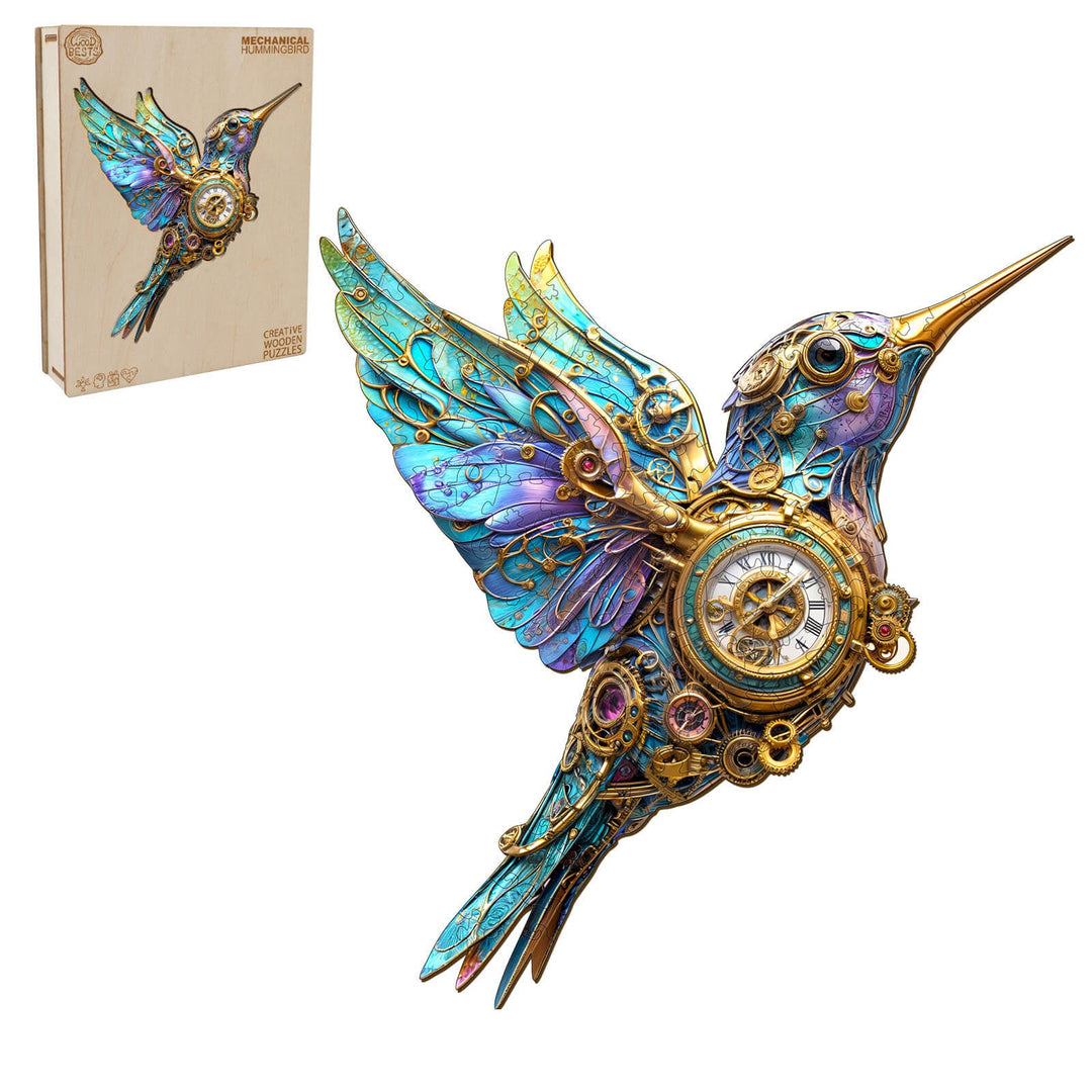 3D Mechanical Hummingbird wooden jigsaw puzzle with colorful design and clock gears, perfect for puzzle enthusiasts.