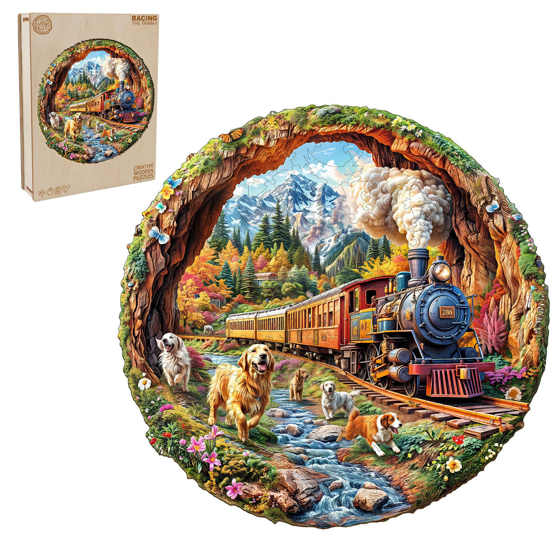 3D Racing the Train-1 wooden jigsaw puzzle featuring a scenic train, dogs, and mountains, perfect for mind games and focus.