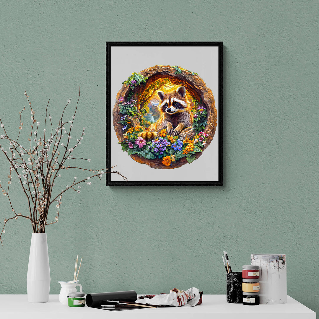 3D Raccoon on Vacation Wooden Jigsaw Puzzle - Woodbests