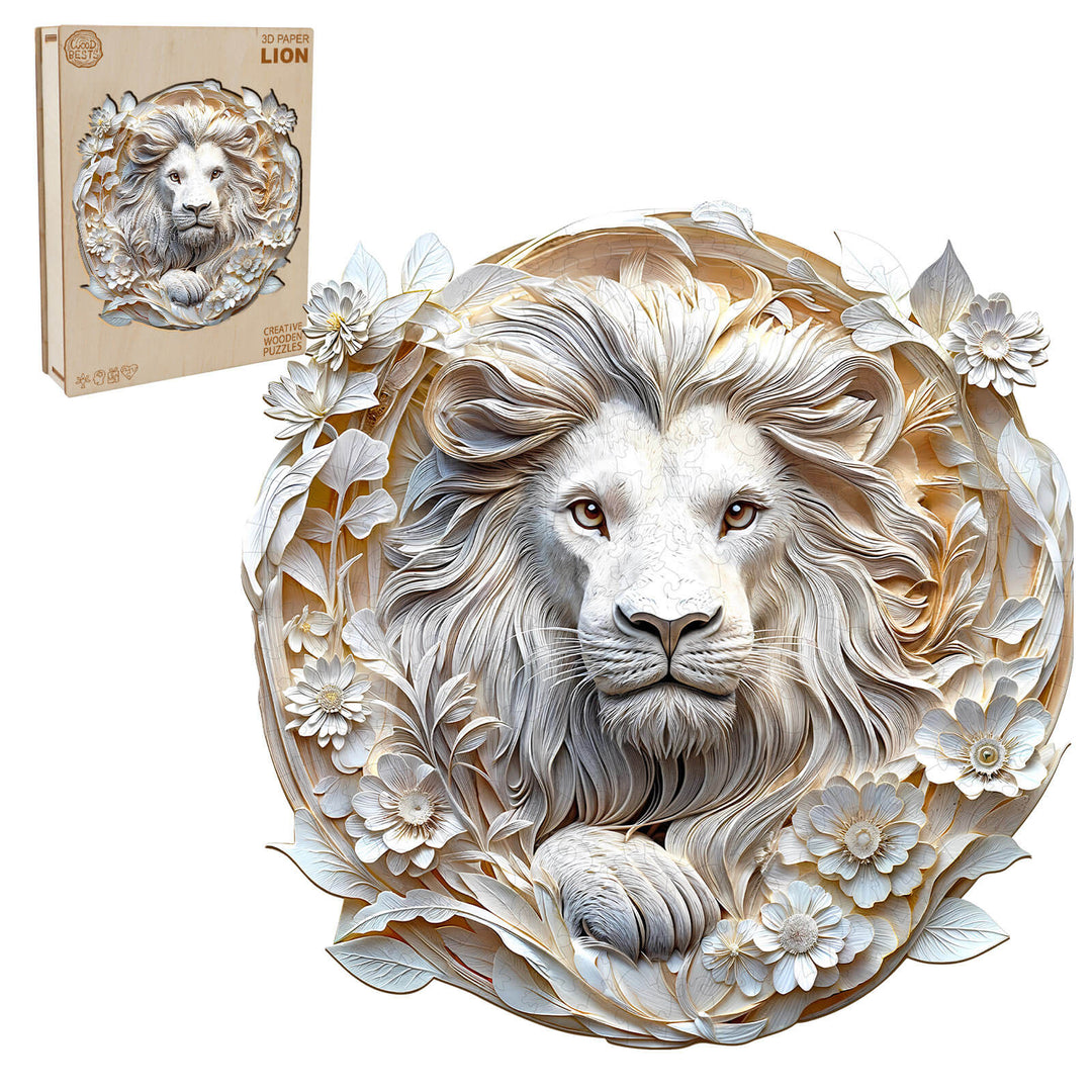 3D wooden lion puzzle with floral elements and a box, featuring origami-inspired design and UV-printed details.