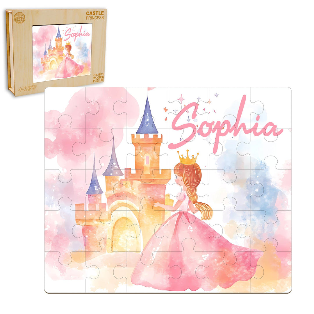 Custom wooden jigsaw puzzle featuring a princess and castle, personalized with the name Sophia in pastel colors.