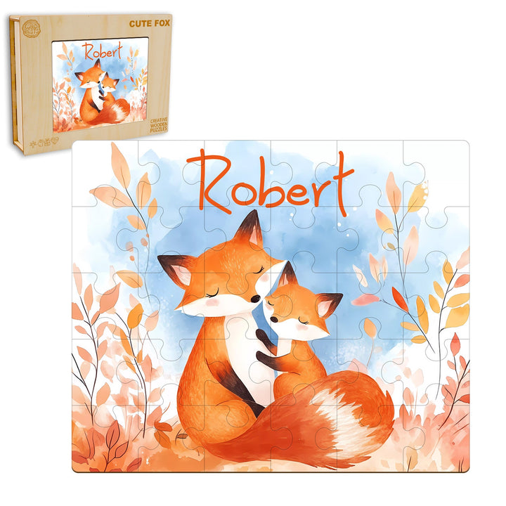 Custom wooden jigsaw puzzle featuring a mother fox and cub, personalized with the name Robert, surrounded by autumn leaves.