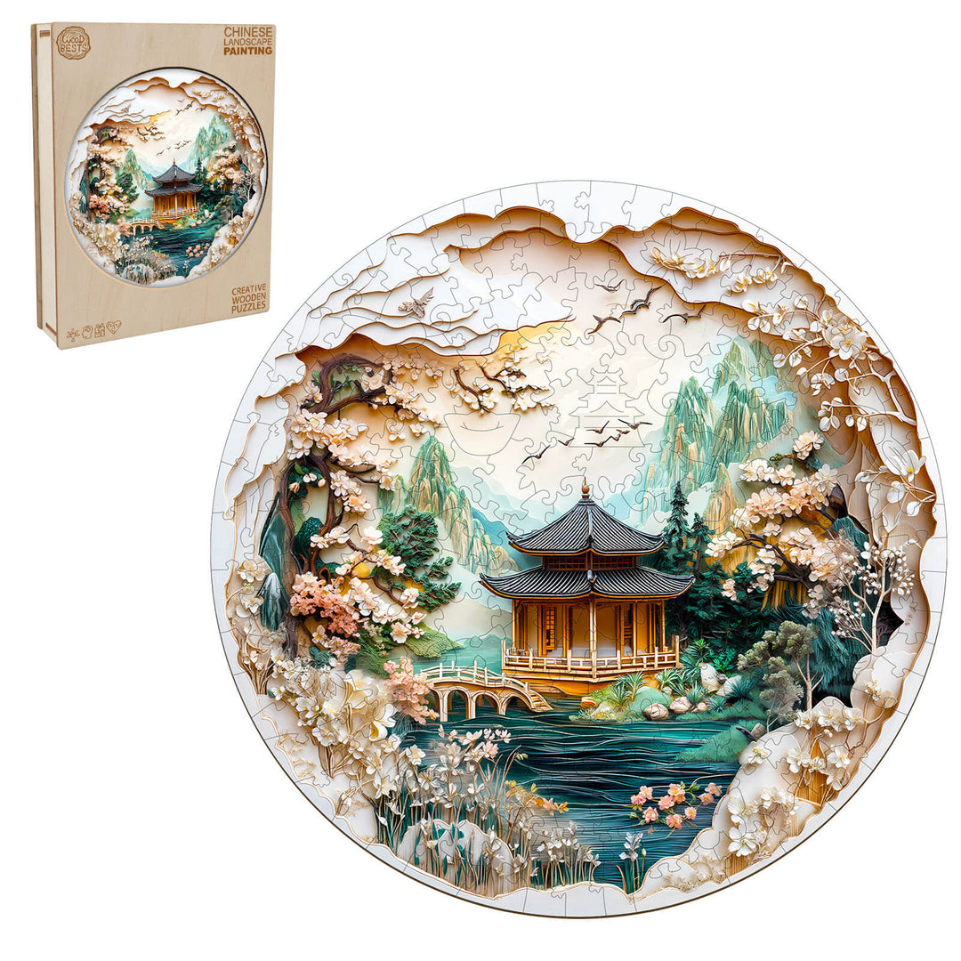 3D Chinese landscape painting wooden jigsaw puzzle in round shape, showcasing serene nature scene with a pagoda.