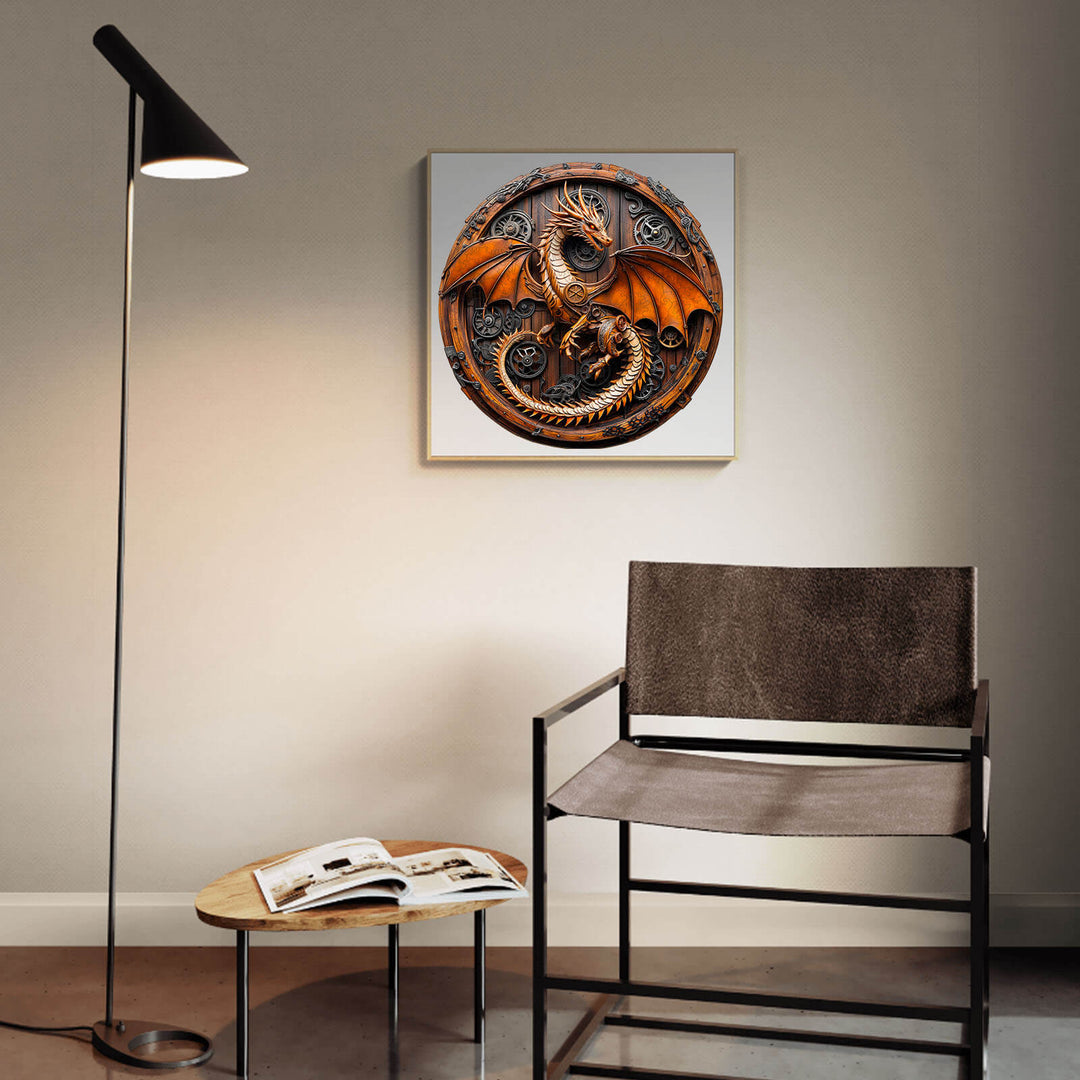 3D Mechanical Dragon-1 wooden jigsaw puzzle displayed in a modern living room with stylish furniture.