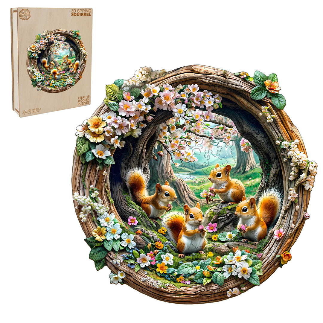 3D Spring Squirrel Wooden Jigsaw Puzzle featuring cute squirrels and flowers, perfect for enhancing focus and cognitive skills.