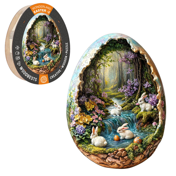 Wonderland Easter-3 wooden jigsaw puzzle featuring rabbits in a scenic forest setting.