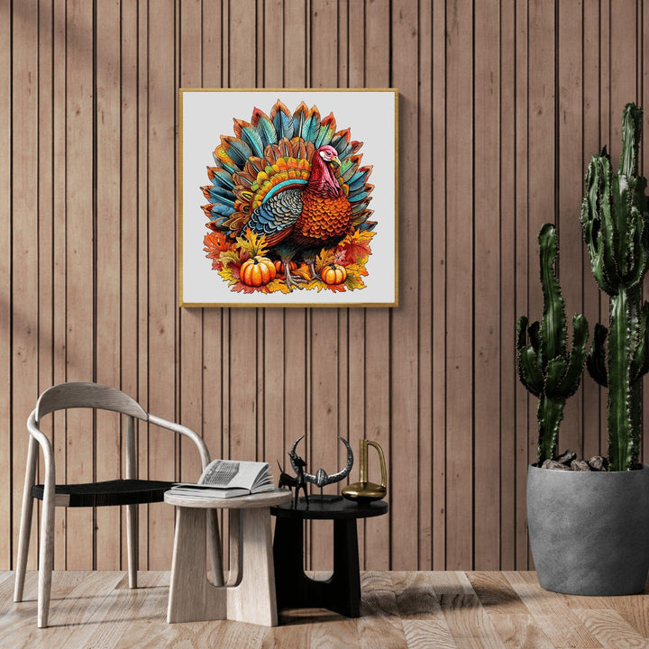 Colorful turkey wooden jigsaw puzzle displayed in a stylish room with plants and modern furniture.