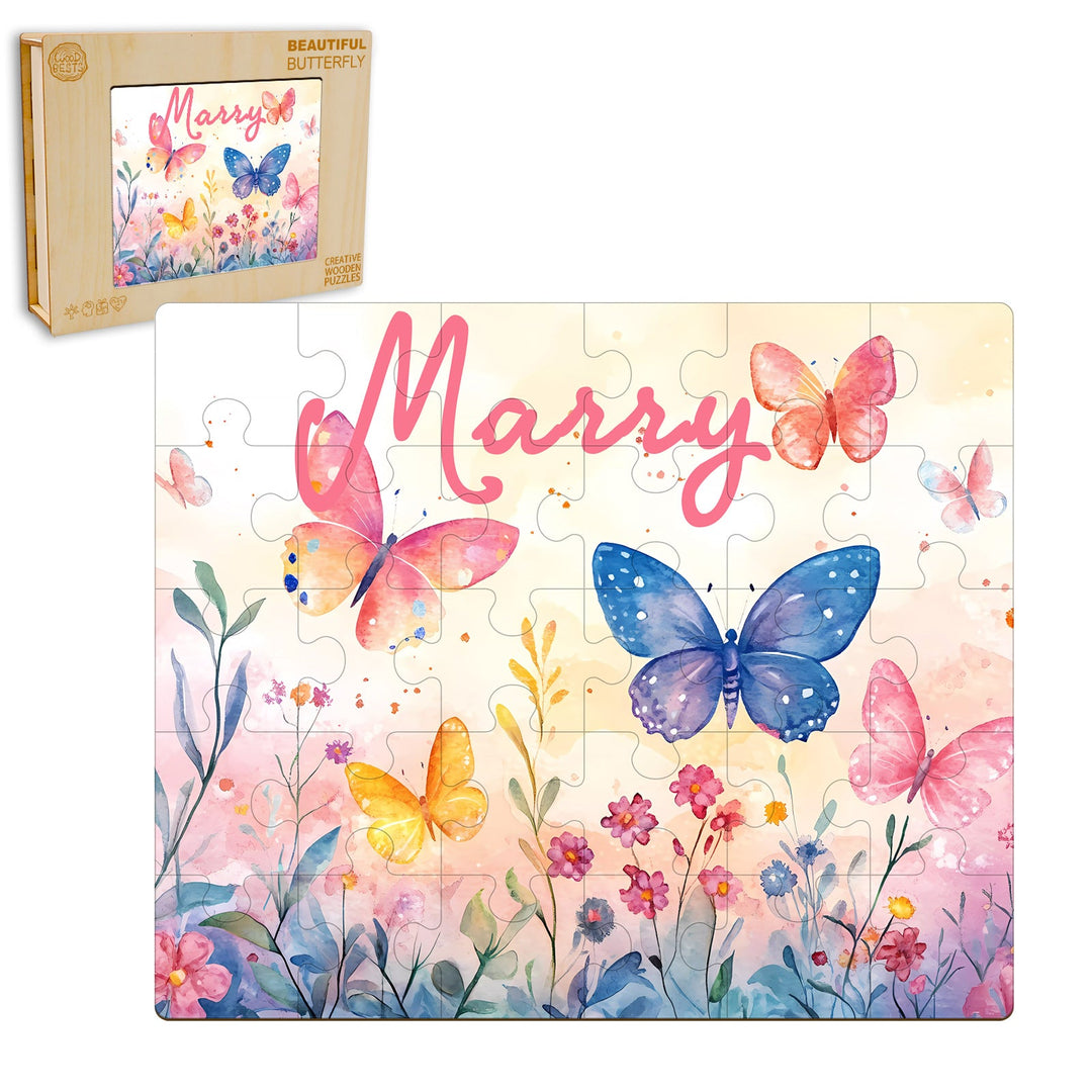 Custom wooden jigsaw puzzle with colorful butterflies and flowers, personalized with the name 'Marry'.